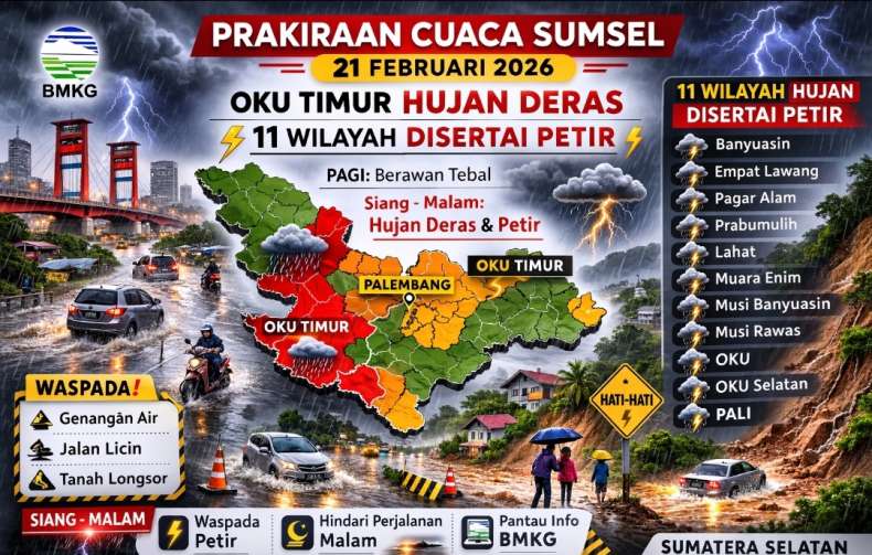 Prakiraan Cuaca Sumsel 21 Februari 2026: OKU Timur Hujan Deras, 11 Wilayah Disertai Petir