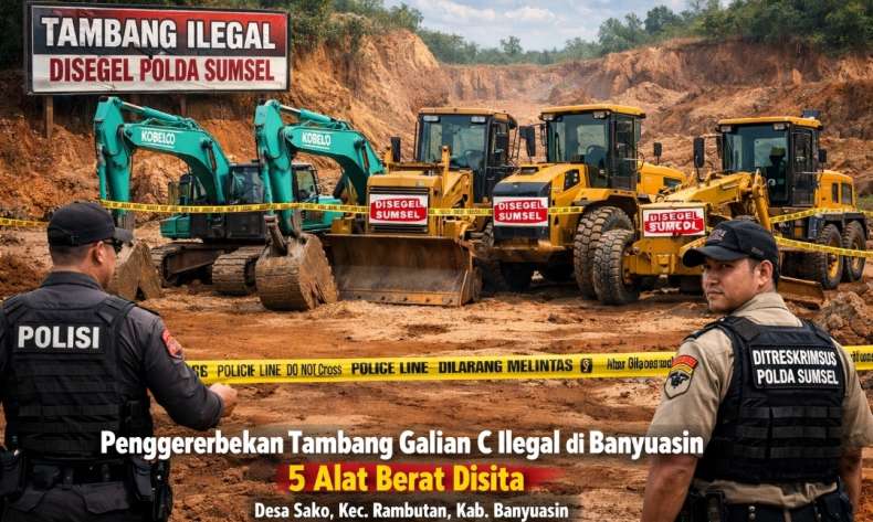 Polda Sumsel Segel Tambang Galian C Ilegal, 5 Alat Berat Disita