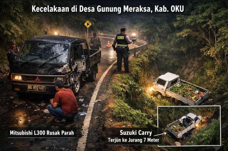 Tabrakan L300 vs Suzuki Carry di Jalan Lintas Sumatera OKU, Satu Kendaraan Terjun ke Jurang