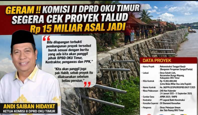 Geram!! Komisi II DPRD OKU Timur Segera Cek Proyek Talud Rp 15 Miliar Asal Jadi